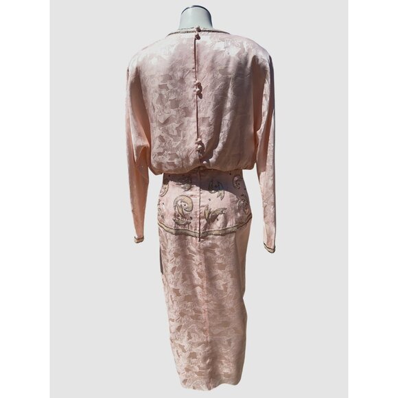 All Silk Vintage Dress by Spencer Jeremy 8 Pink Sequin Beaded Shoulder Pads 80s - Picture 6 of 16